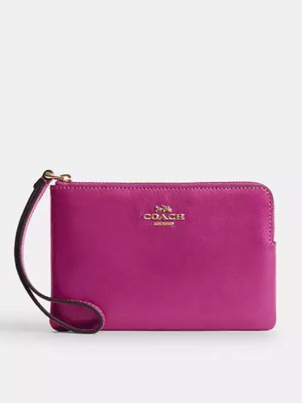 Coach Corner Zip Wristlet in Gold/Magenta Pink Shiny Smooth Leather NWT